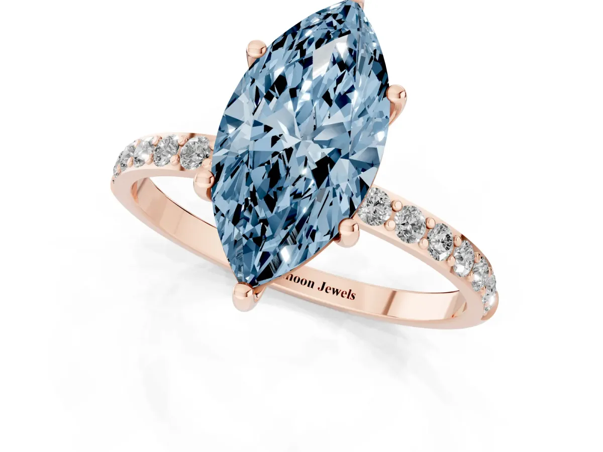 Fancy Blue Marquise Cut Diamond Solitaire Ring with Round Pavé Shoulders and Prong Setting Rose gold