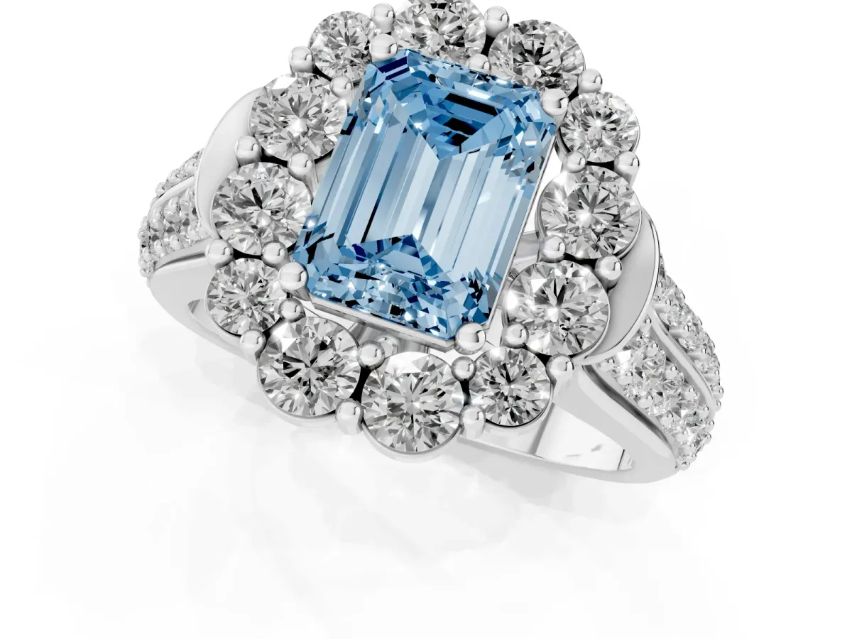 Fancy Blue Emerald Cut Halo Diamond Engagement Ring with Split Shank and Prong Setting Silver