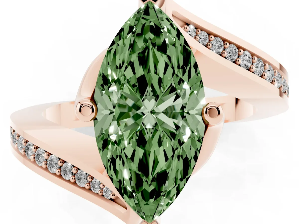 Fancy Green Marquise Cut Solitaire Diamond Twist Band with Pavé Setting and Four-Prong Setting Rose gold