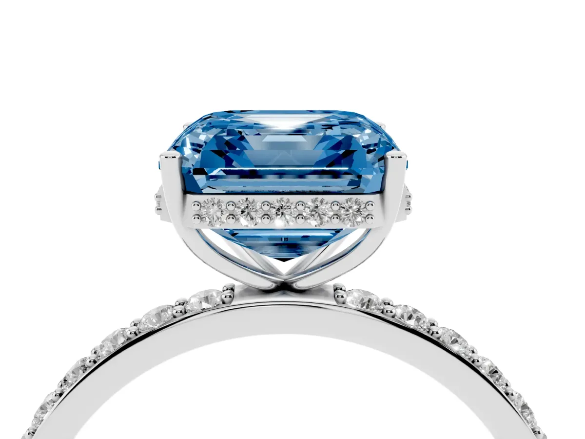 Fancy Blue Asscher Cut Diamond Solitaire Ring with Pavé Band and Hidden Halo White gold