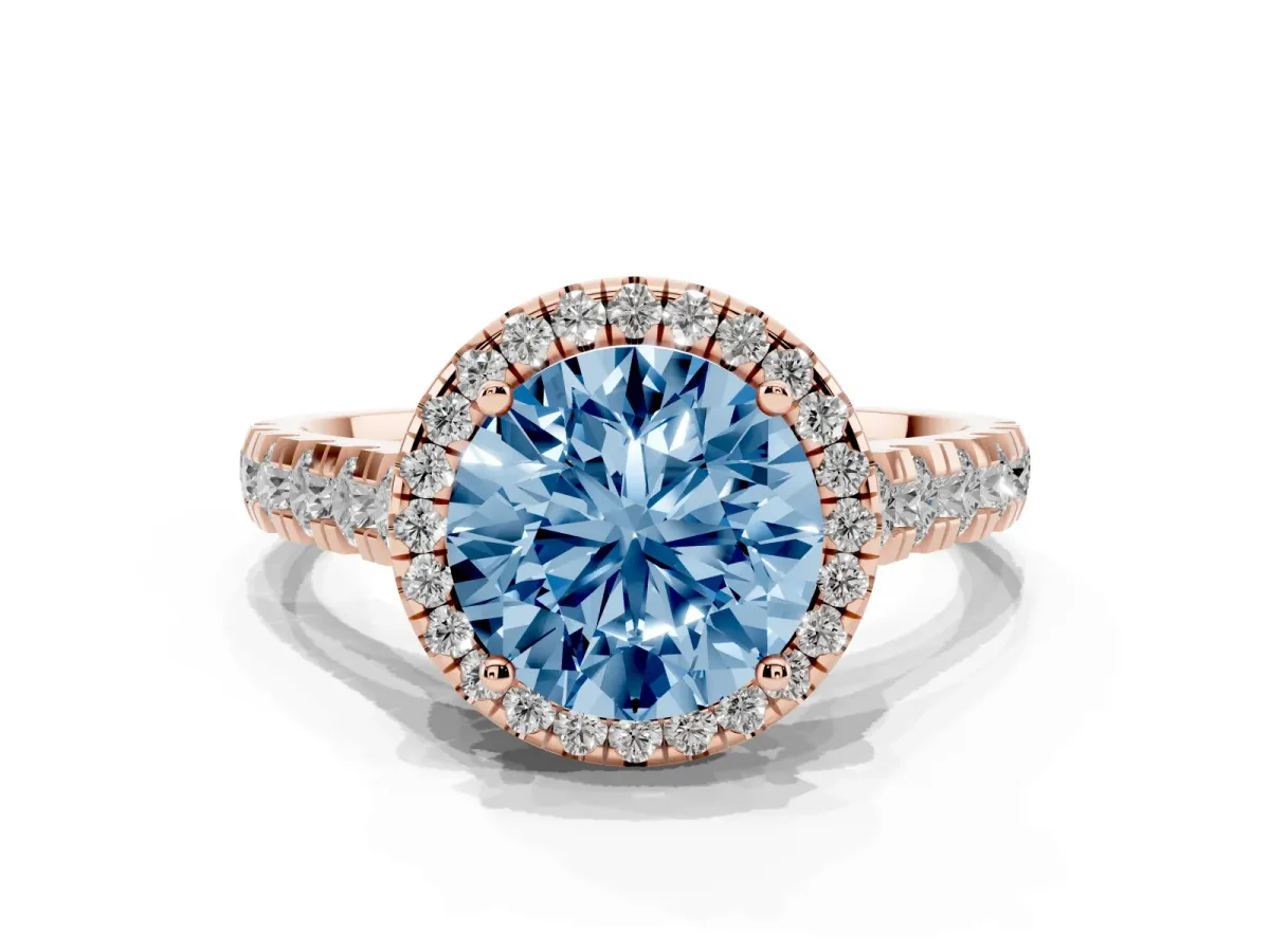 Fancy Blue Round Cut Halo Pavé Diamond Engagement Ring with Four-Prong Setting Rose gold