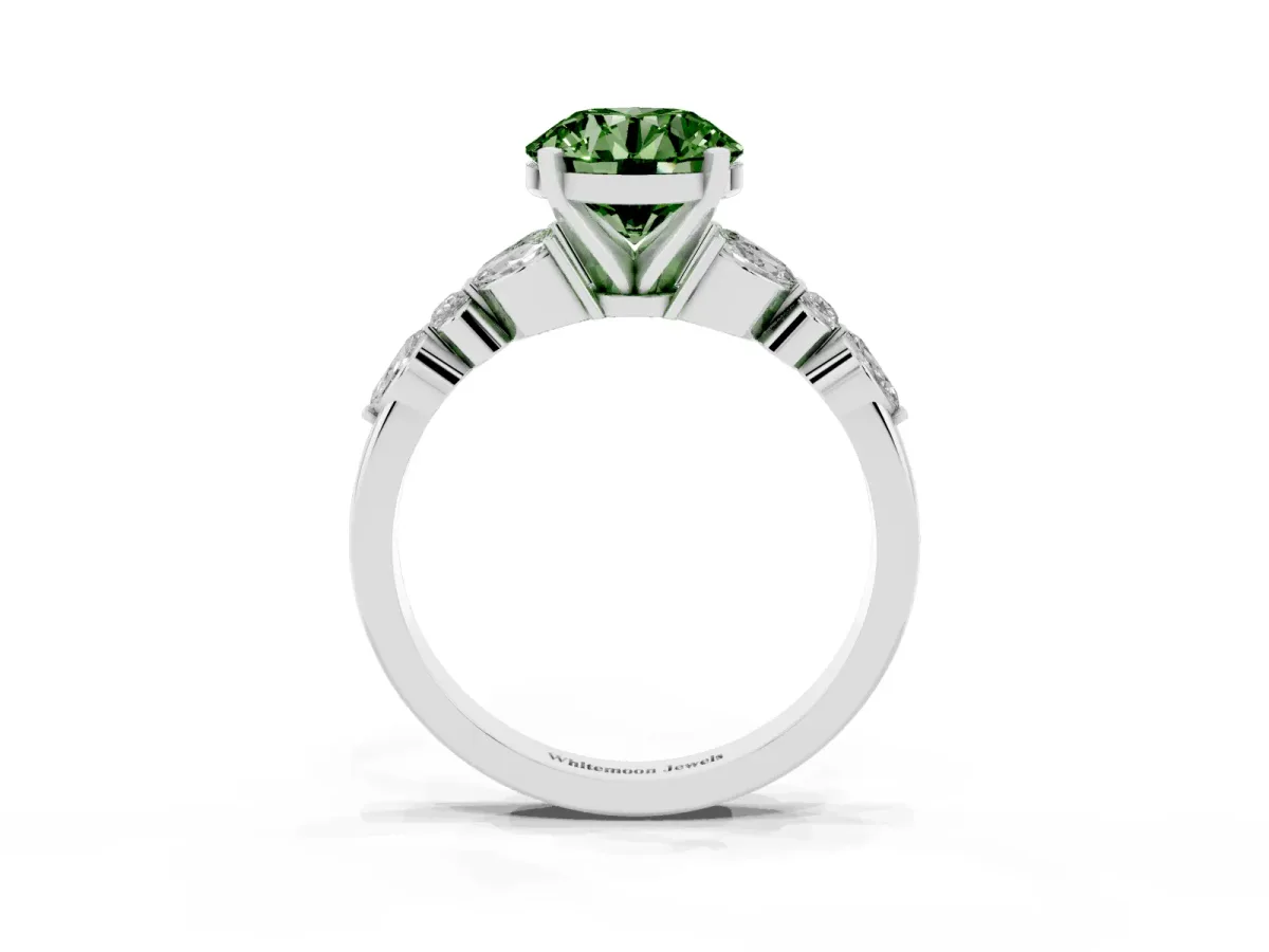 Fancy Green Round Cut Diamond Solitaire Ring with Side Stones and Four-Prong Setting Silver