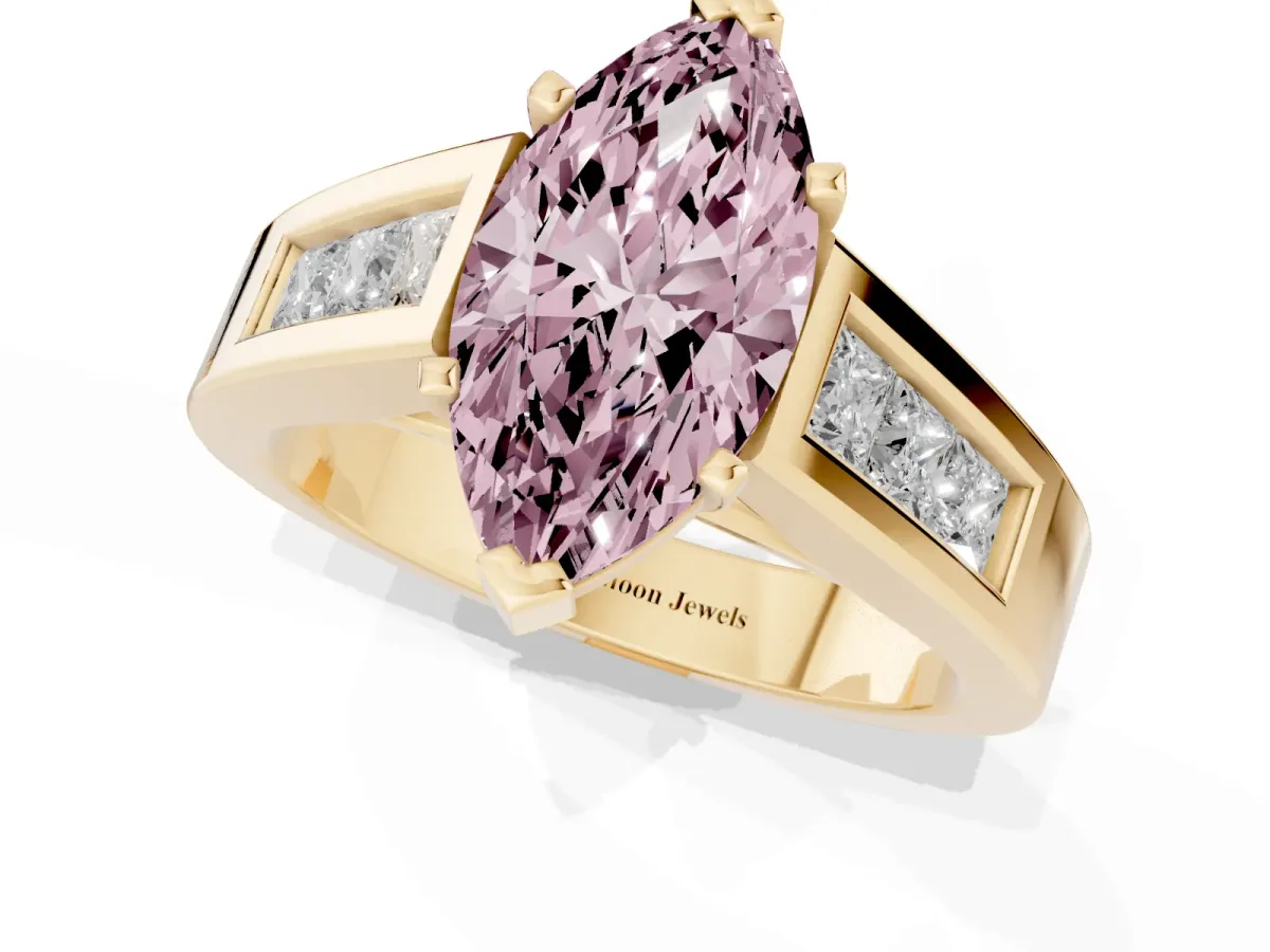 Fancy Pink Marquise Cut Cut Channel Set Solitaire Ring with Four-Prong Setting Yellow gold