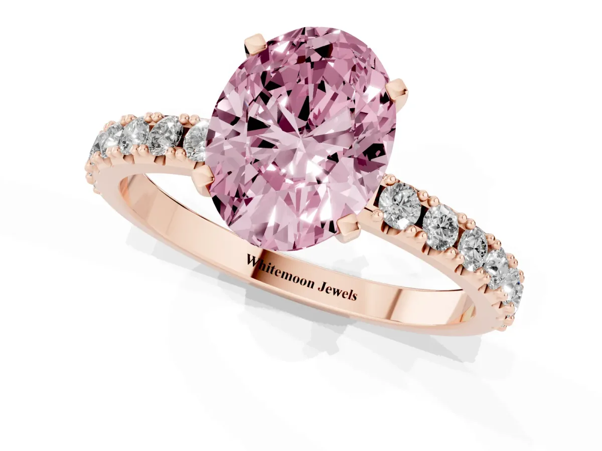 Fancy Pink Oval Cut Diamond Solitaire Pavé Band with Four-Prong Setting Rose gold