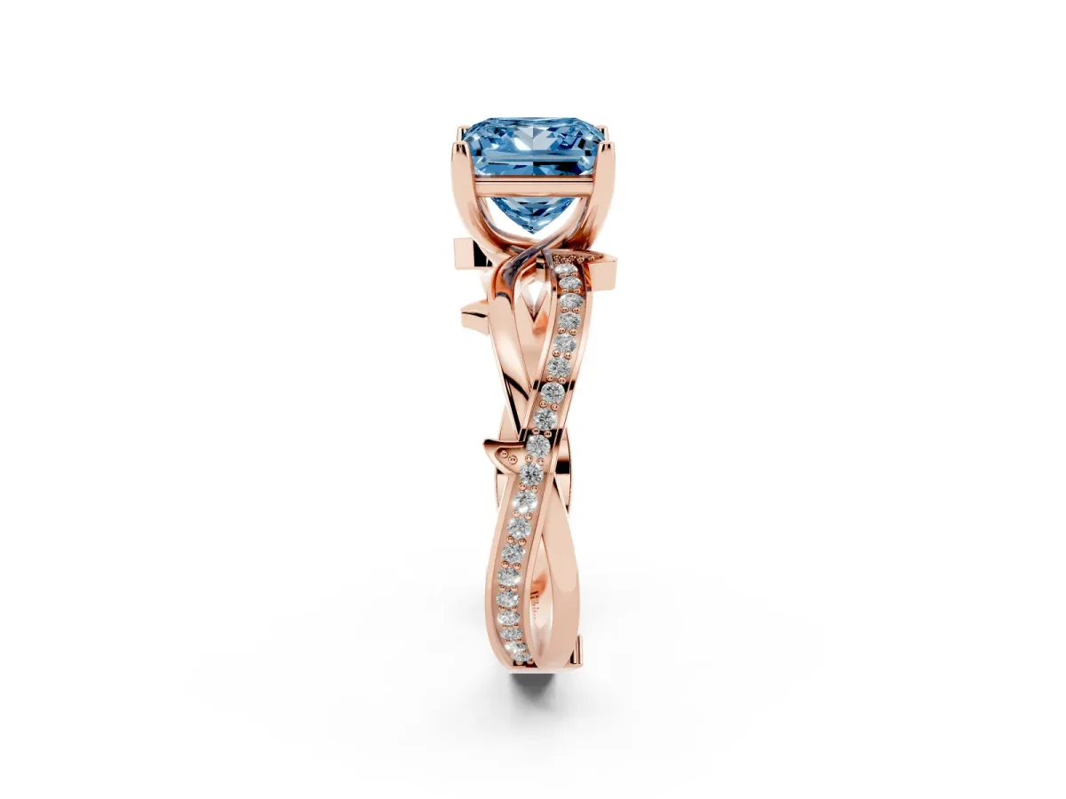 Fancy Blue Princess Cut Solitaire Twist Band with Pavé Accents and Four-Prong Setting Rose gold