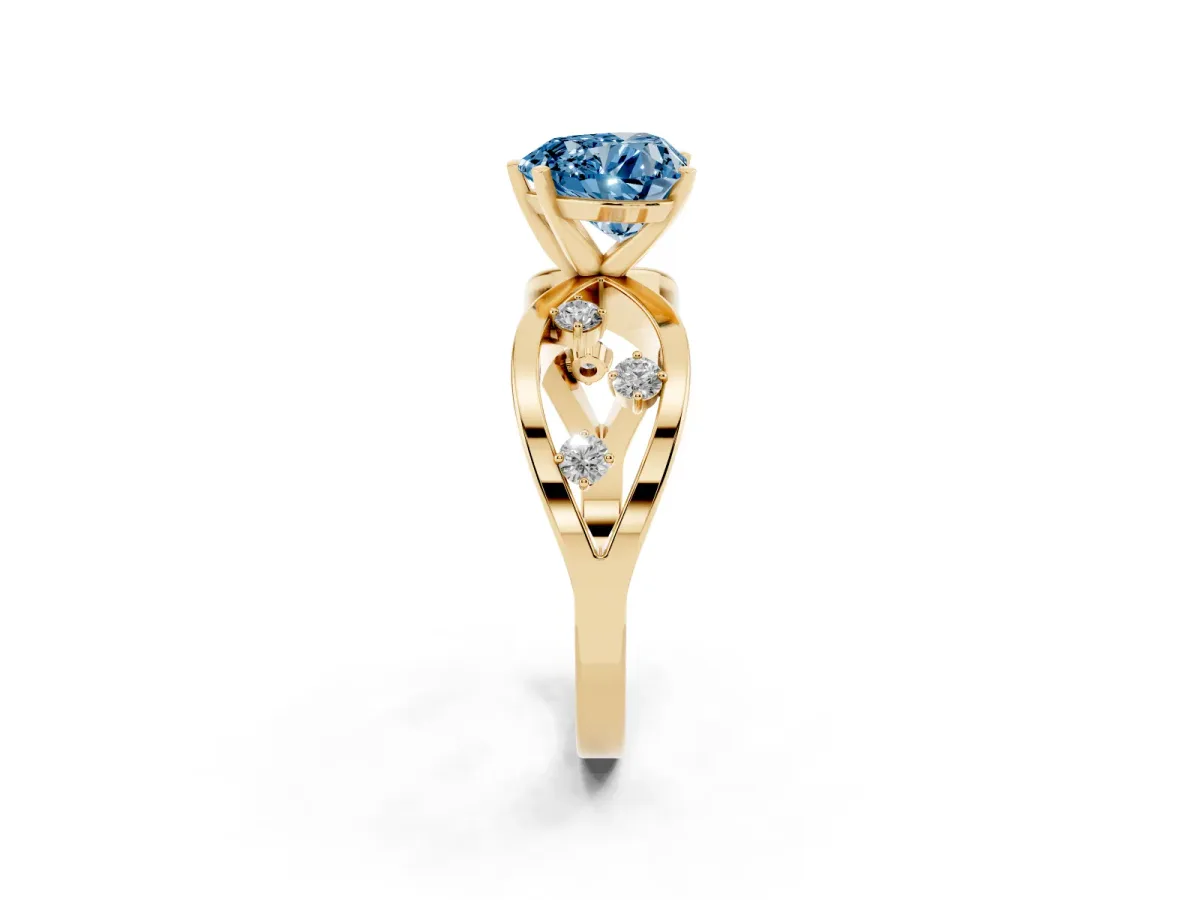 Fancy Blue Heart Cut Cut Solitaire Diamond with Side Stones on Criss-Cross Band and Four-Prong Setting Yellow gold