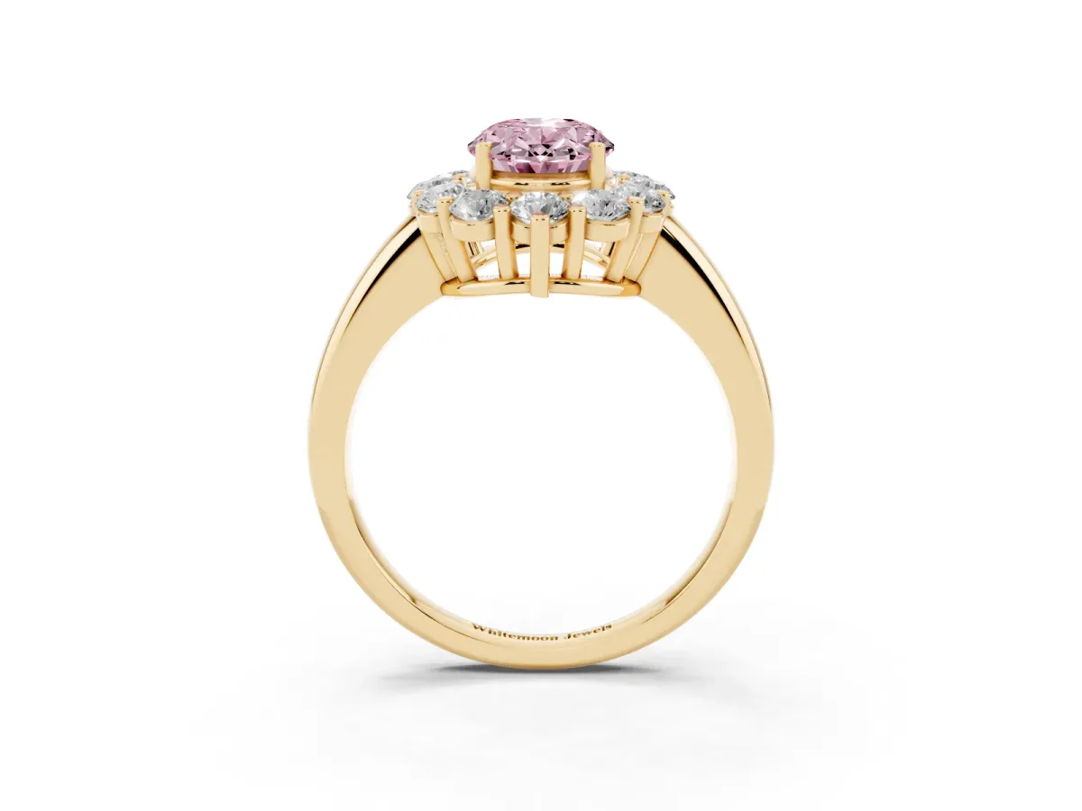 Fancy Pink Oval Cut Halo Cluster Diamond Engagement Ring with Prong Setting and Polished Band Yellow gold