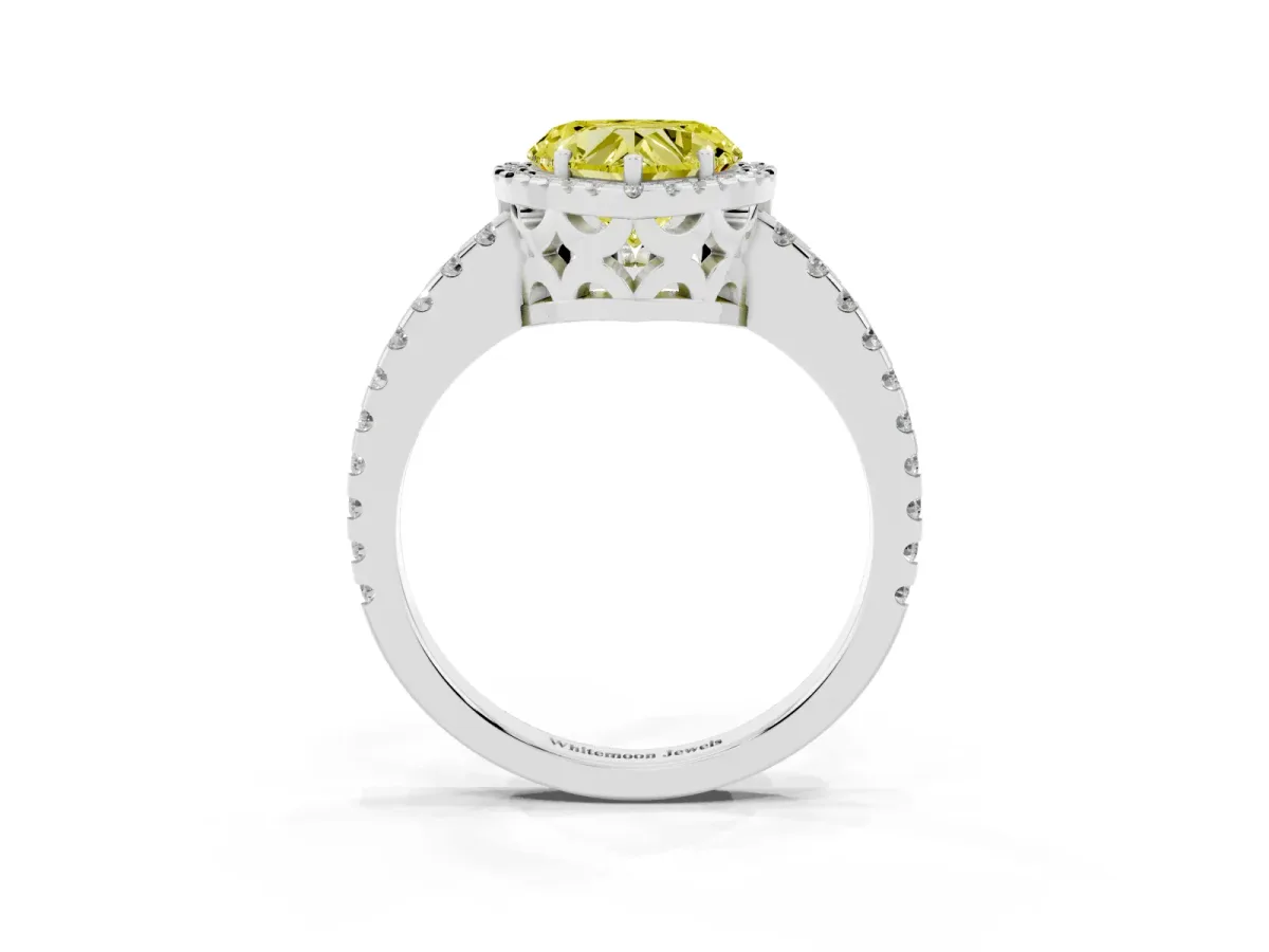 Fancy Yellow Heart Cut Diamond Halo Engagement Ring with Pavé Band and Prong Setting White gold