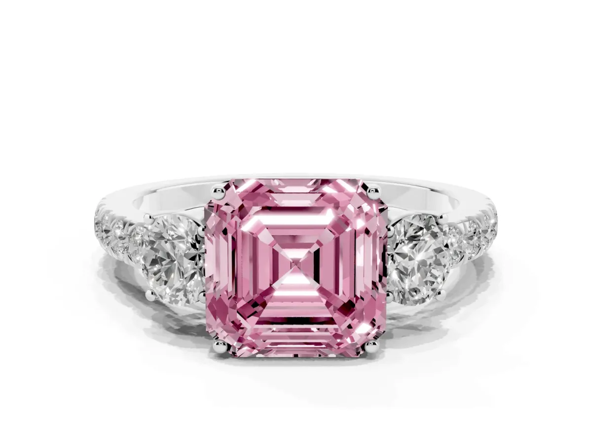 Fancy Pink Asscher Cut Cut Diamond Three-Stone Ring with Round Side Stones and Pavé Band Silver