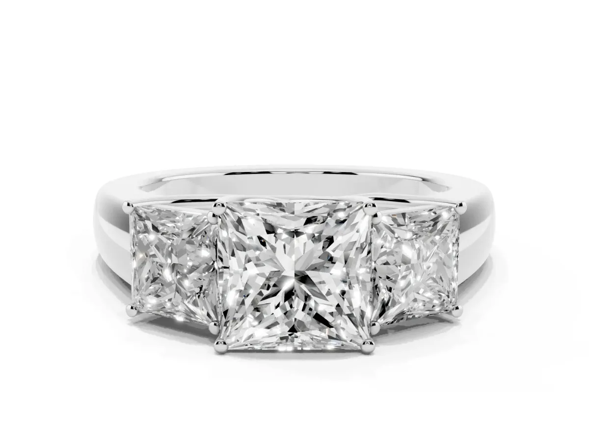 Three-Stone Princess Cut Cut Diamond Ring with Prong Setting and Classic Band Silver