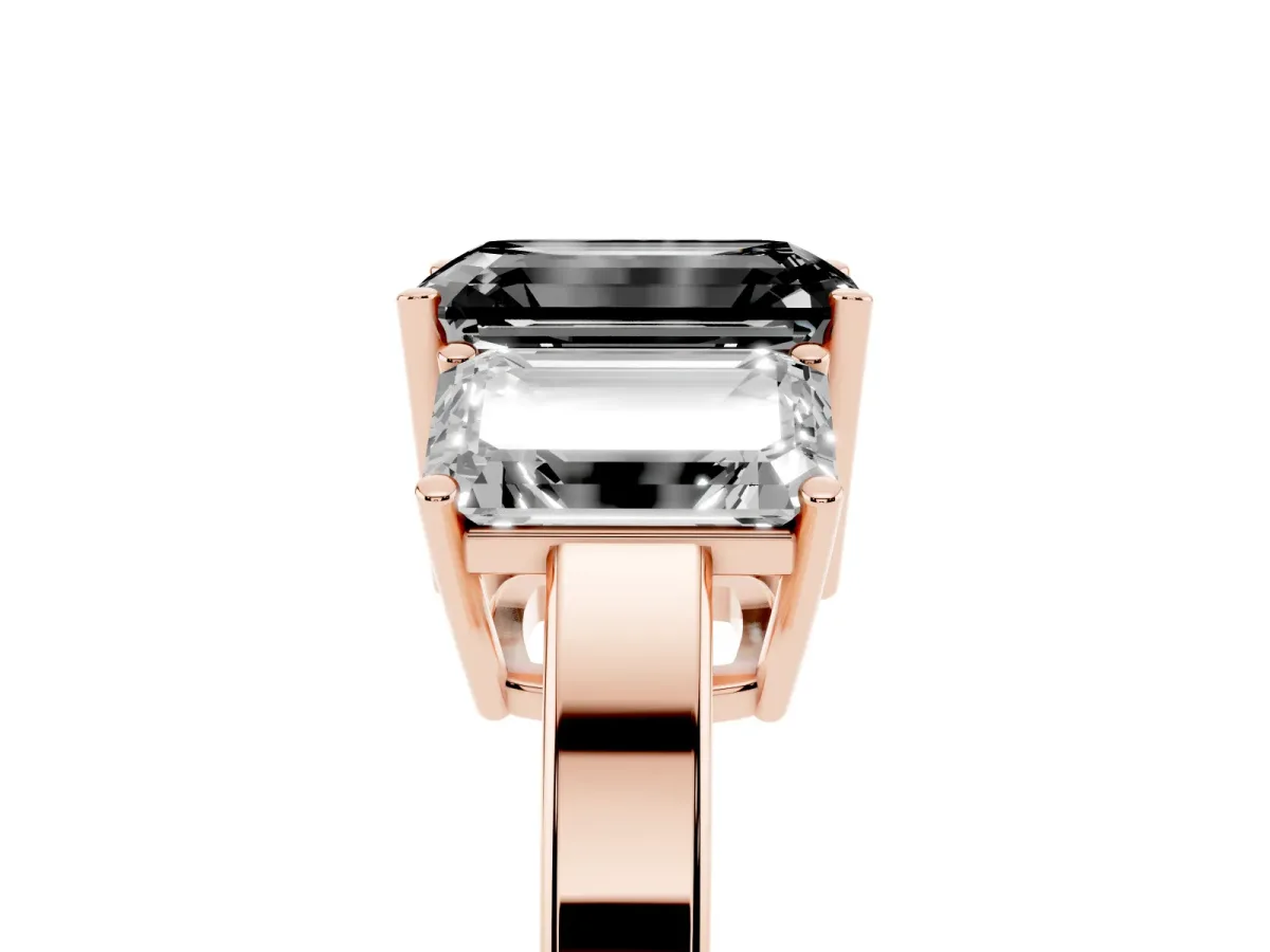 Fancy Black Three-Stone Emerald Cut Cut Diamond Engagement Ring with Flat Band and Four-Prong Setting Rose gold