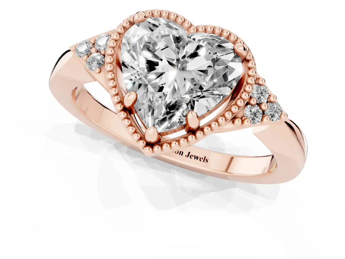 Heart Cut Diamond Halo Ring with Tapered Band and Four-Prong Setting Rose gold