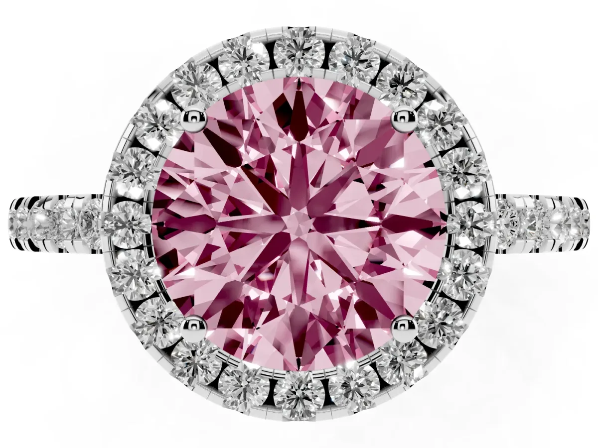 Fancy Pink Round Cut Halo Diamond Engagement Ring with Pavé Band and Four-Prong Setting Platinum