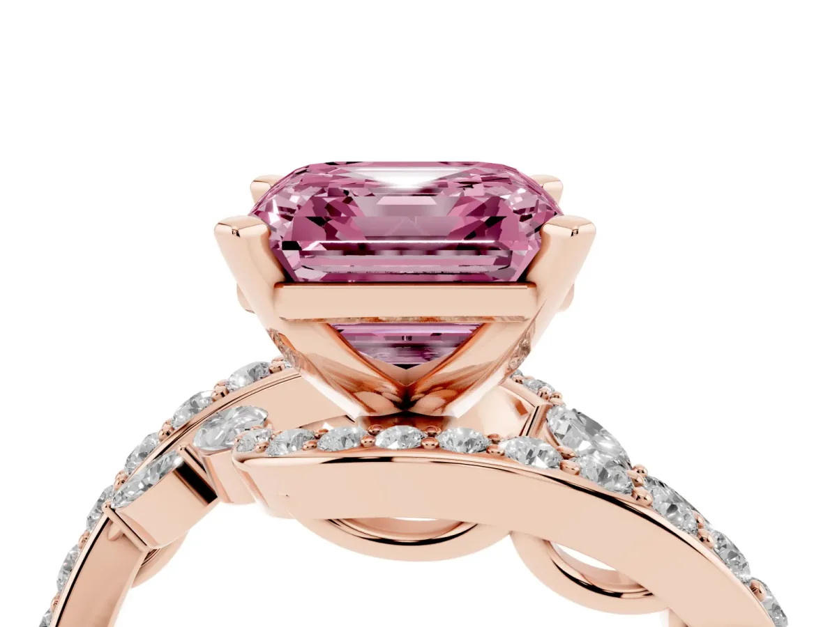 Fancy Pink Asscher Cut Solitaire with Pavé Twist Band and Four-Prong Setting Rose gold