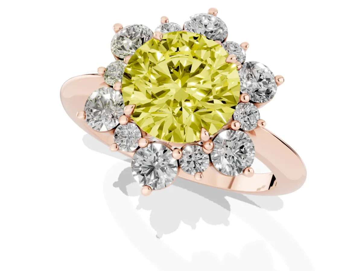 Fancy Yellow Round Cut Diamond Cluster Halo Ring with Solitaire Band and Four-Prong Setting Rose gold