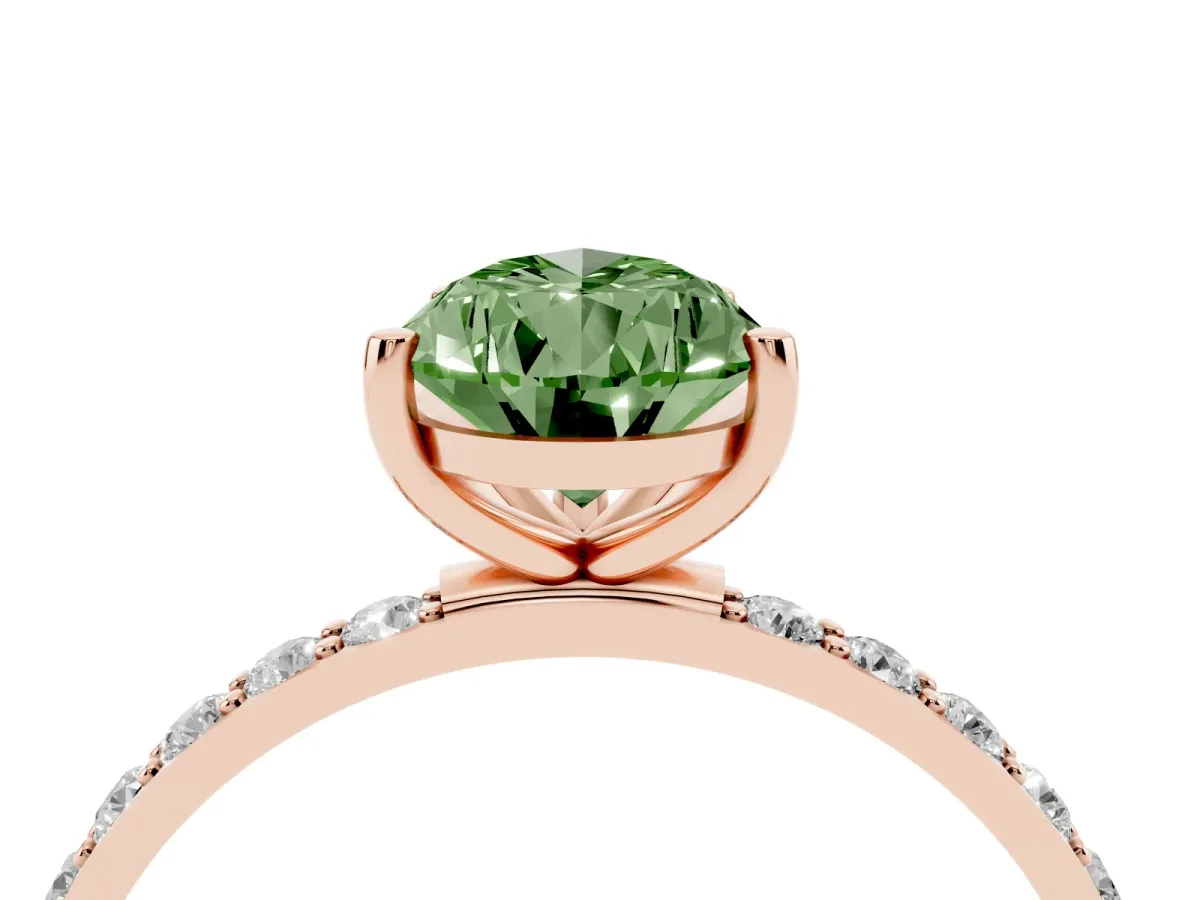 Fancy Green Pear Cut Diamond Solitaire Ring with Round Pavé Shoulders and Prong Setting Rose gold