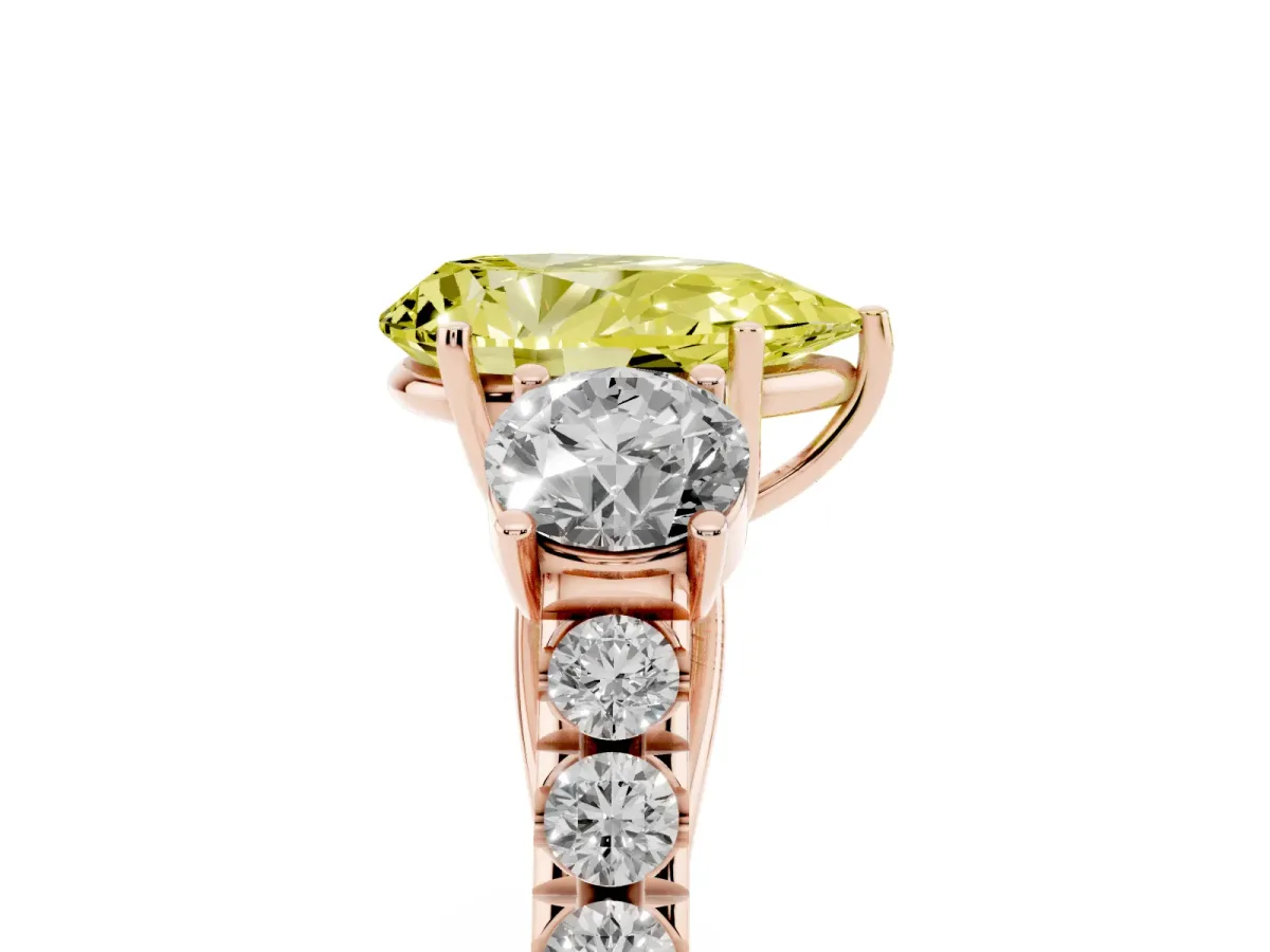 Fancy Yellow Pear Cut Cut Diamond Three-Stone Ring with Round Side Stones and Pavé Band Rose gold