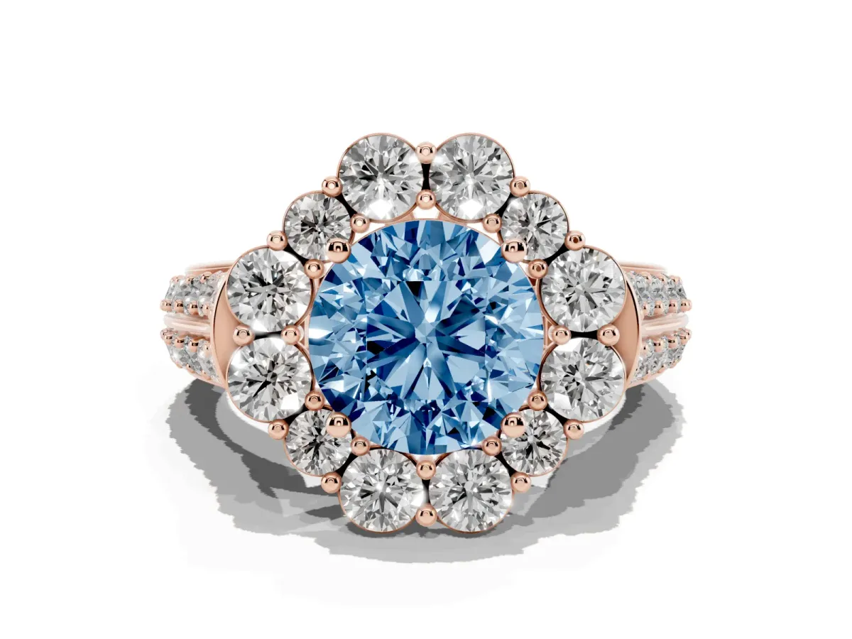 Fancy Blue Round Cut Halo Diamond Engagement Ring with Split Shank and Prong Setting Rose gold