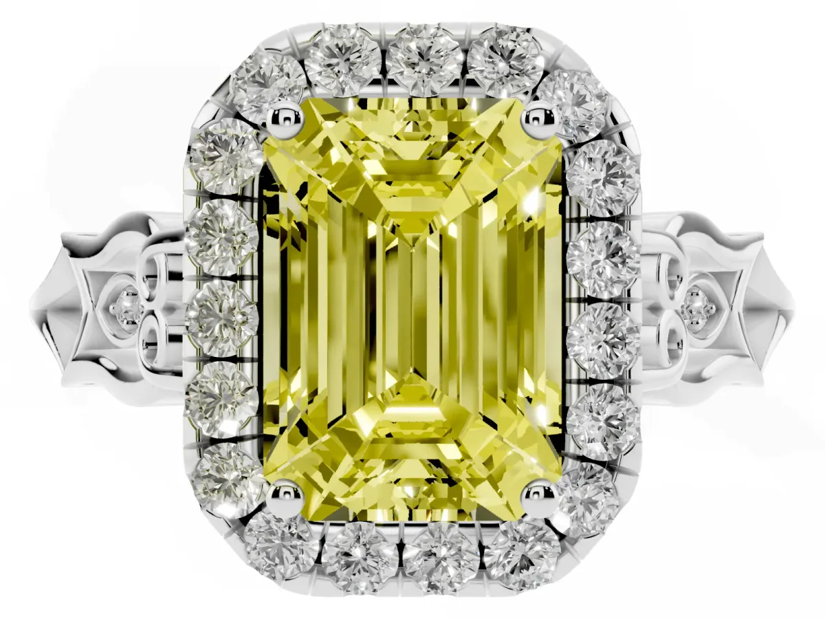 Fancy Yellow Emerald Cut Halo Diamond Engagement Ring with Filigree Band and Four-Prong Setting Platinum