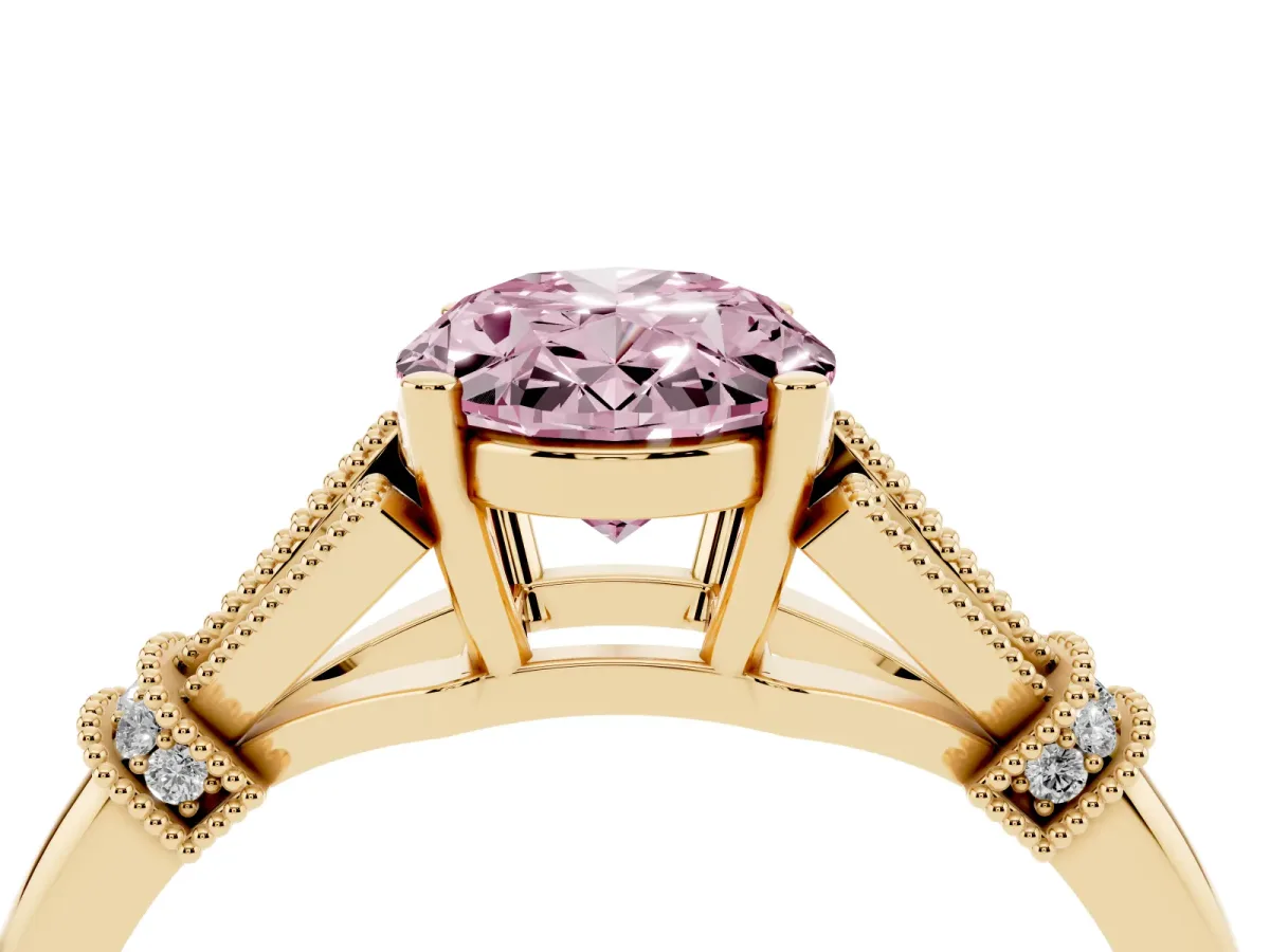 Fancy Pink Oval Cut Diamond Solitaire Ring with Floral Filigree and Pave Accents Yellow gold