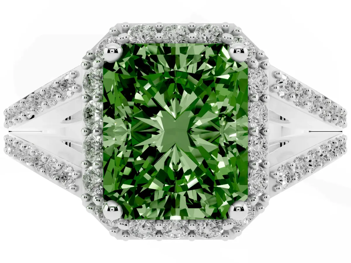 Fancy Green Radiant Cut Halo Split Shank Pave Diamond Ring with Four-Prong Setting Platinum