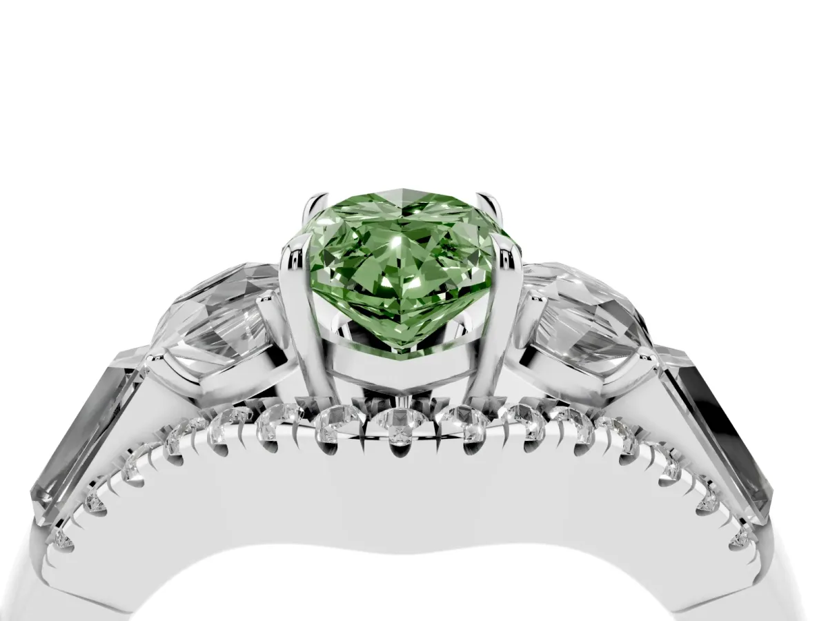Fancy Green Three-Stone Marquise Cut Diamond Engagement Ring with Pave Band and Prong Setting Silver