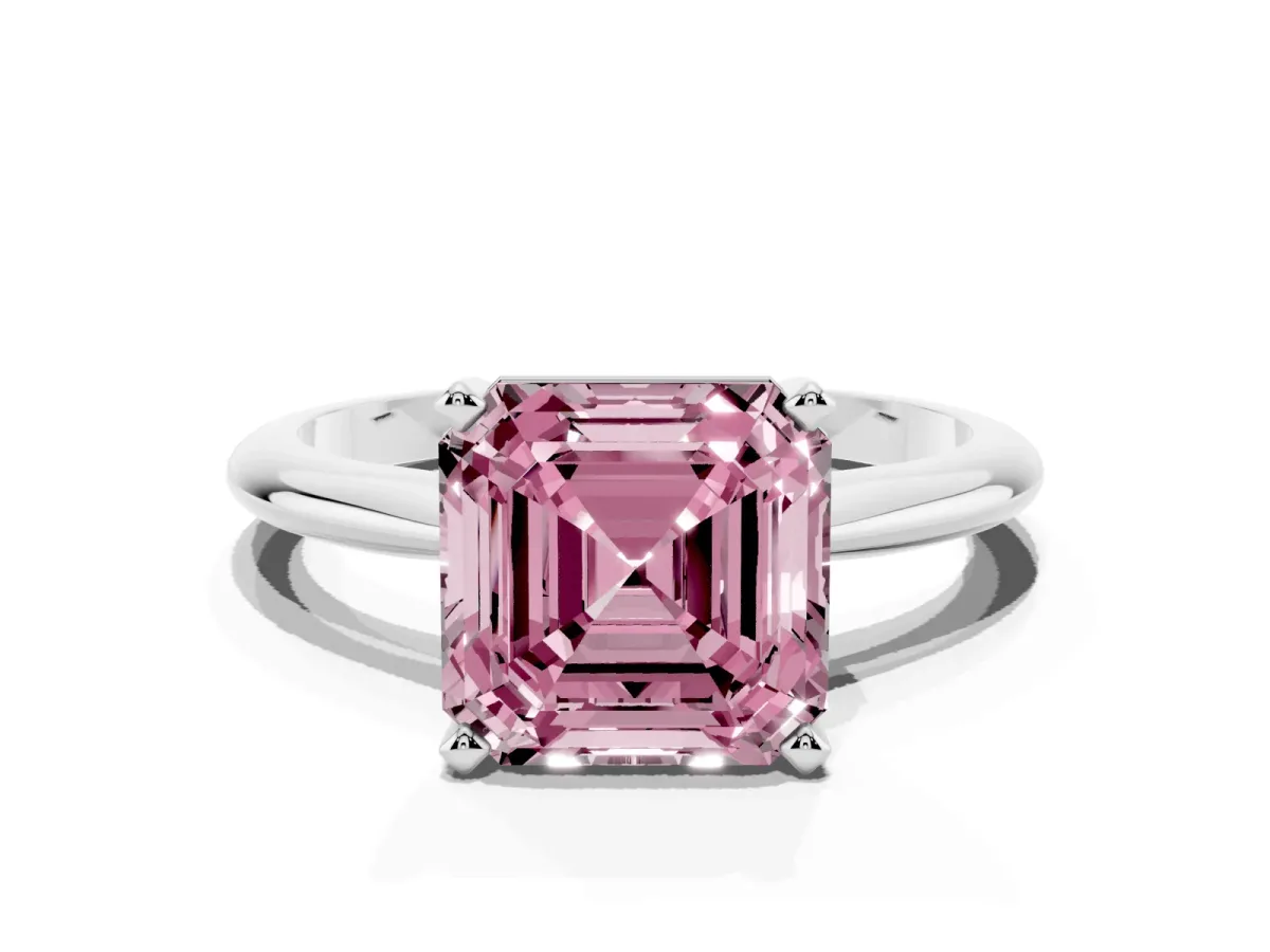 Fancy Pink Asscher Cut Cut Solitaire Ring with Four-Prong Setting on a Classic Band Silver