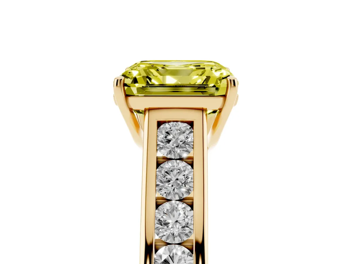 Fancy Yellow Asscher Cut Solitaire Channel-Set Diamond Engagement Ring with Four-Prong Setting Yellow gold