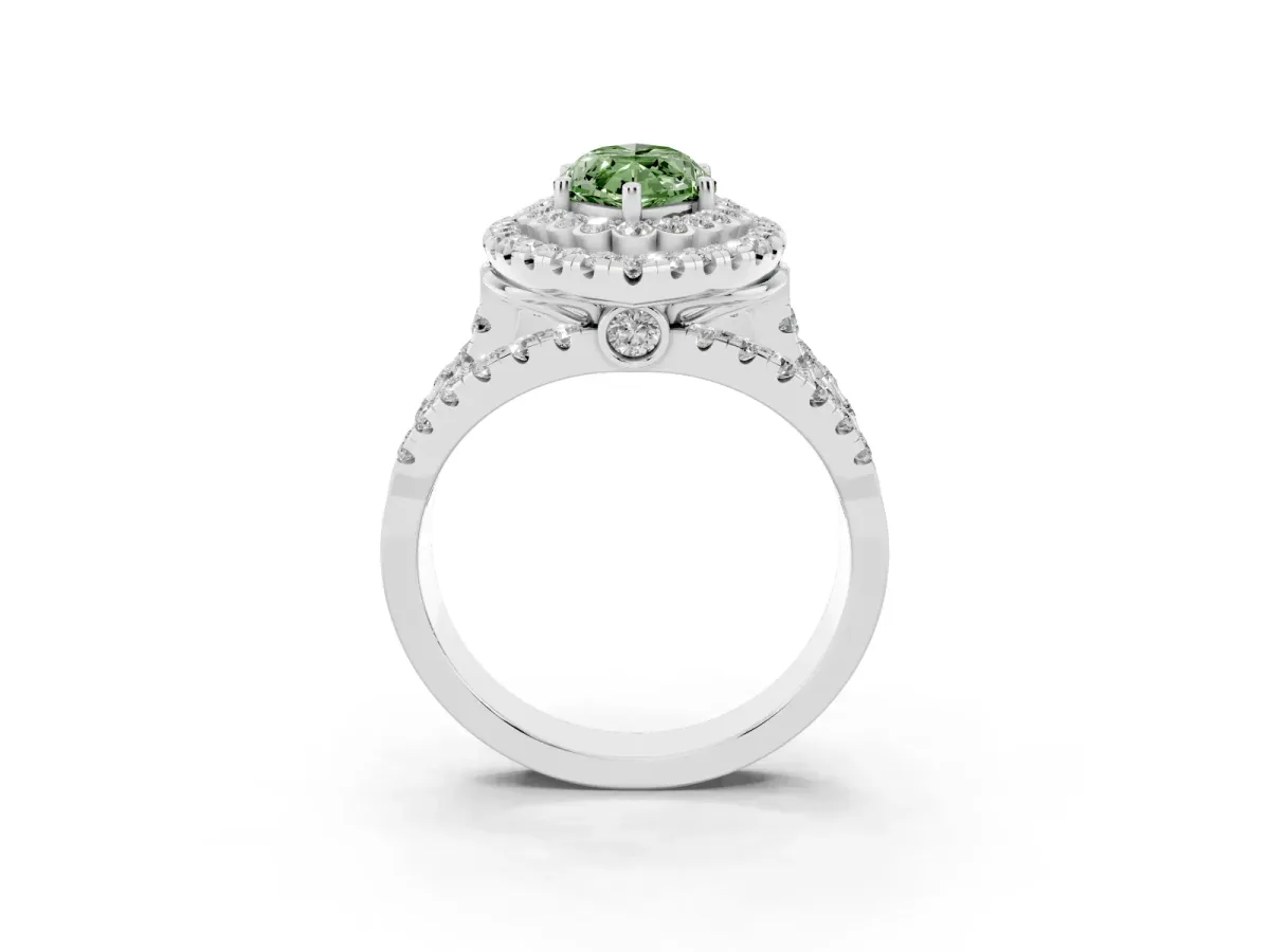 Fancy Green Marquise Cut Diamond Double Halo Ring with Round Pavé Split Shank and Prong Setting White gold
