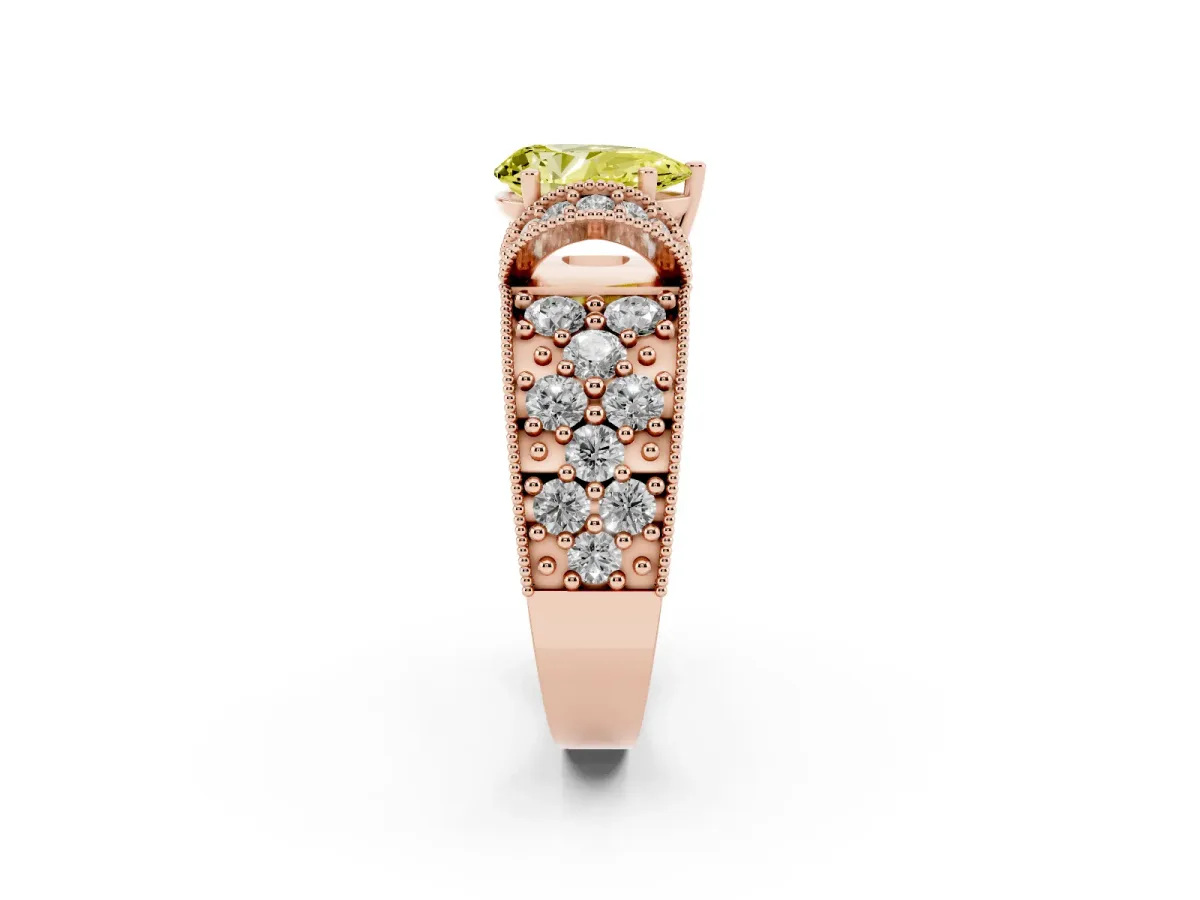 Fancy Yellow Pear Cut Halo Pave Diamond Engagement Ring with Milgrain Detailing Rose gold