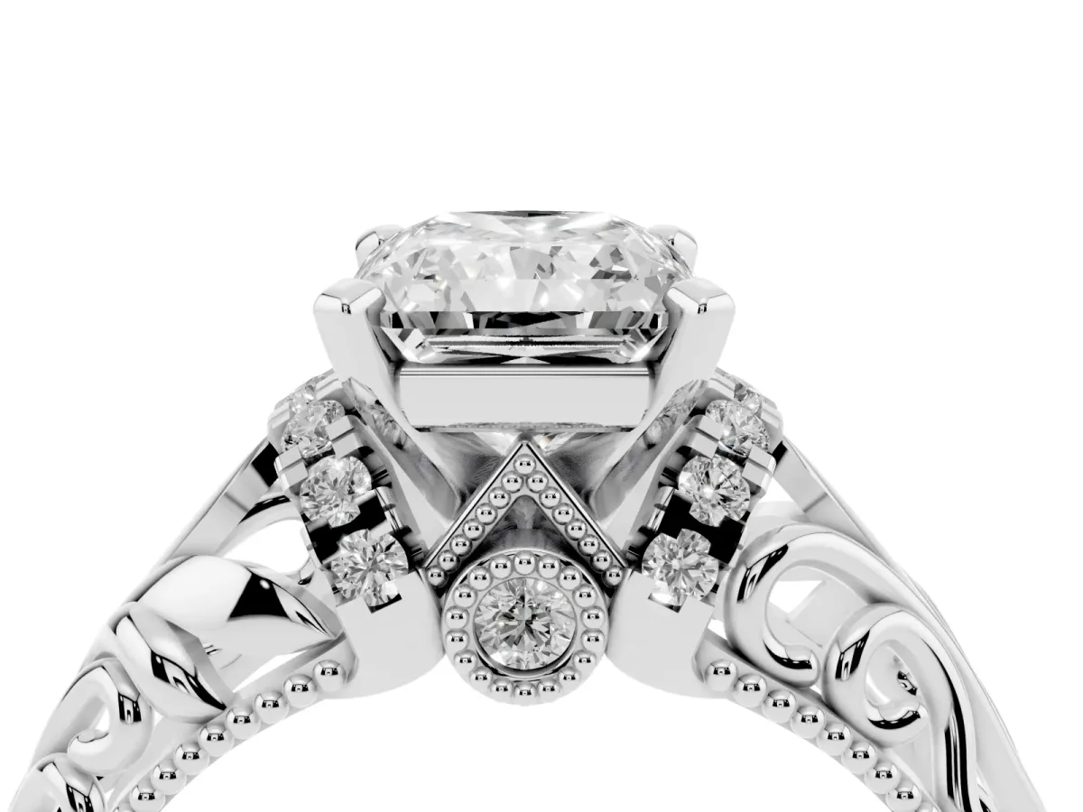 Radiant Cut Solitaire Filigree Engagement Ring with Halo and Prong Setting Silver