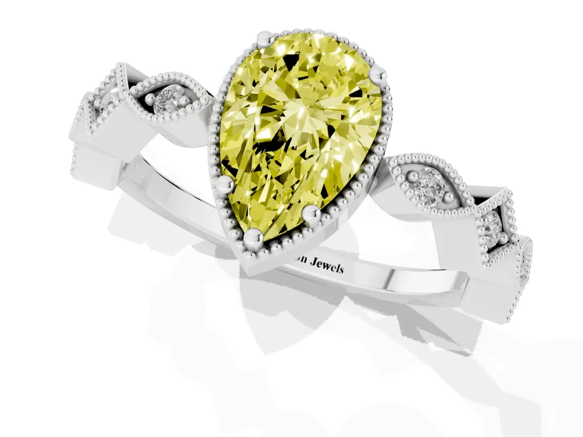 Fancy Yellow Pear Cut Milgrain Marquise Diamond Twist Band Ring Silver