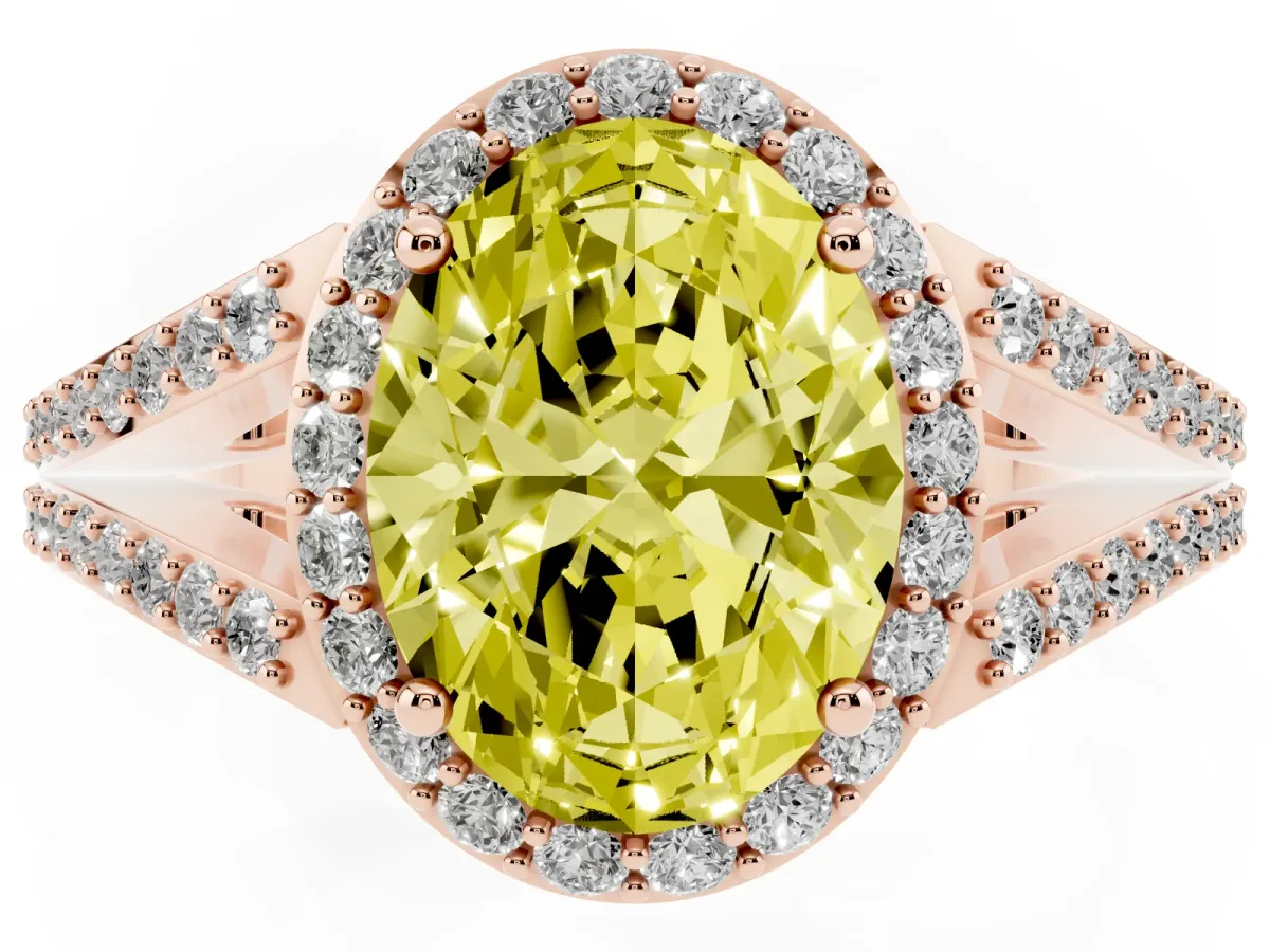 Fancy Yellow Oval Cut Halo Split Shank Pave Diamond Ring with Four-Prong Setting Rose gold