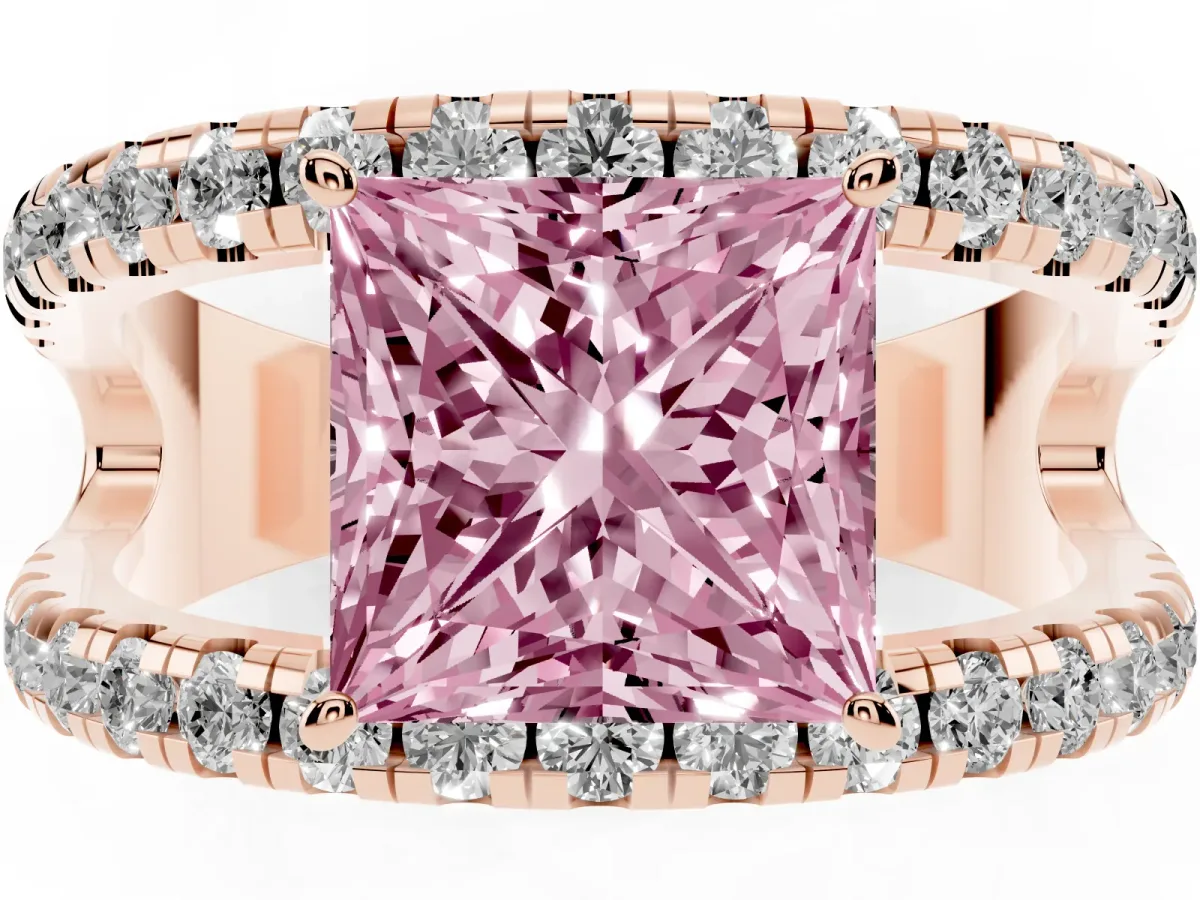 Fancy Pink Princess Cut Solitaire Split Shank Pave Diamond Ring Rose gold