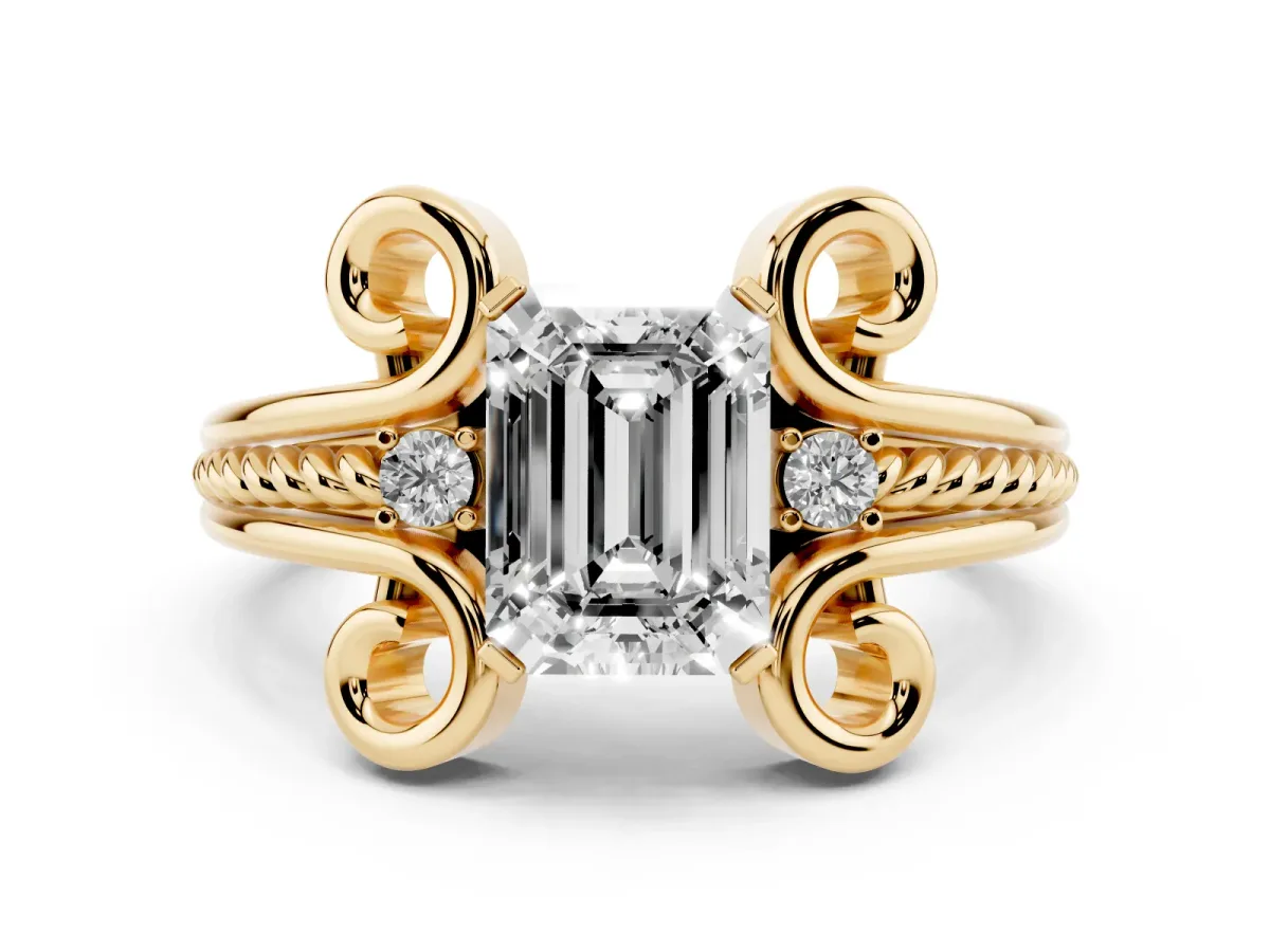 Emerald Cut Solitaire Twisted Band Scroll Prong Ring Yellow gold