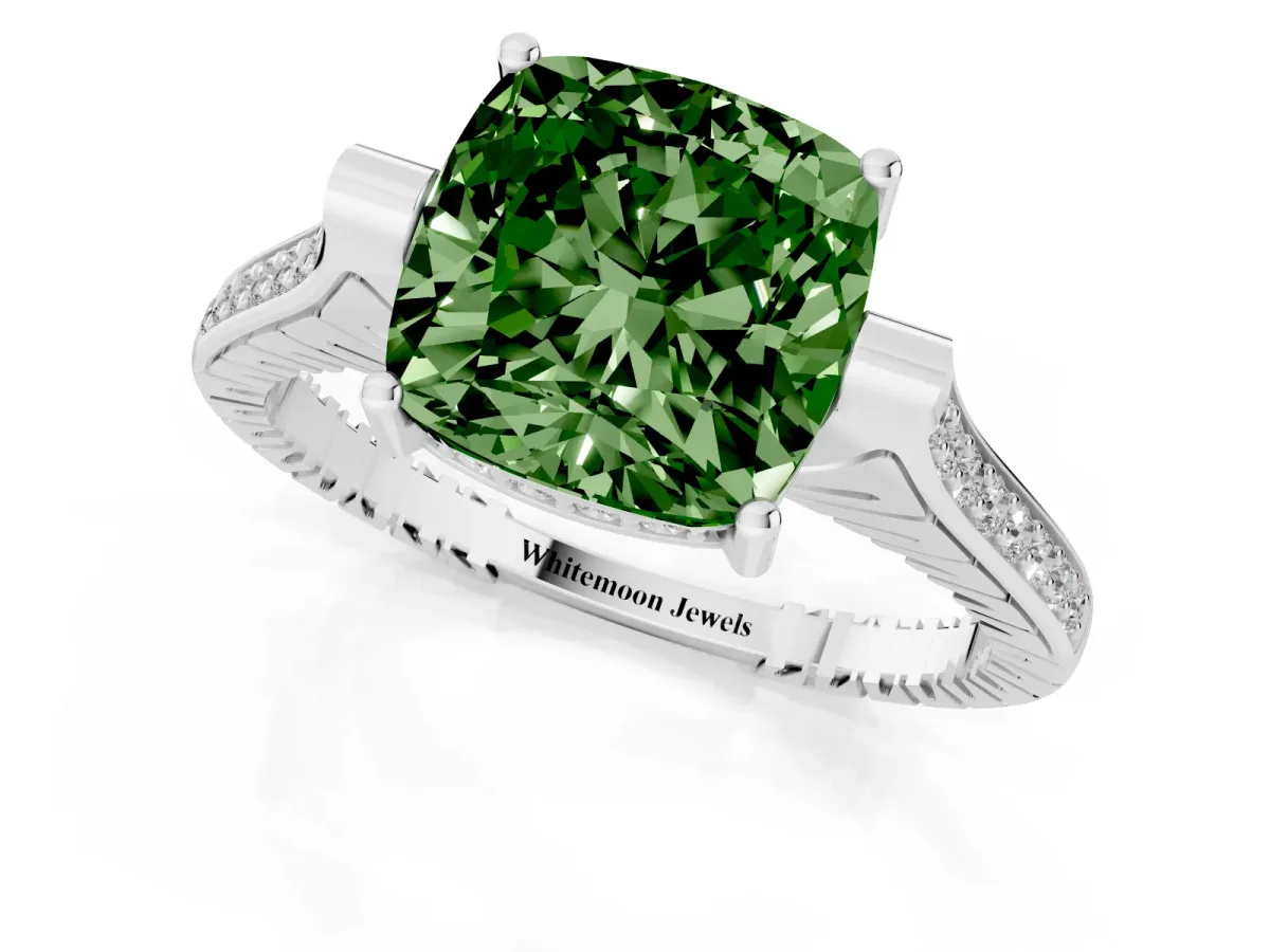 Fancy Green Cushion Cut Solitaire Diamond Ring with Channel Set Band and Bezel Prong Setting Silver