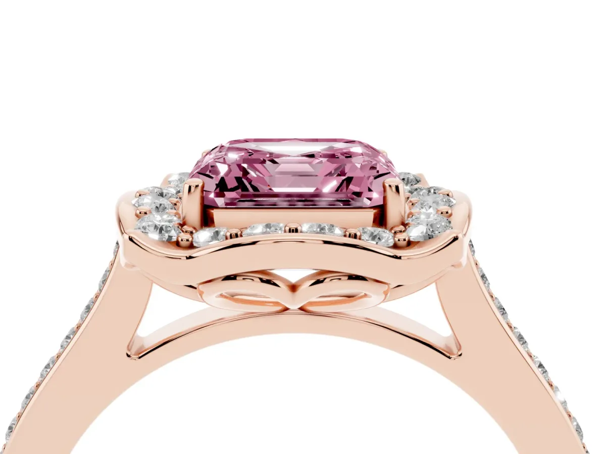 Fancy Pink Asscher Cut Halo Round Diamond Pave Band with Four-Prong Setting Rose gold