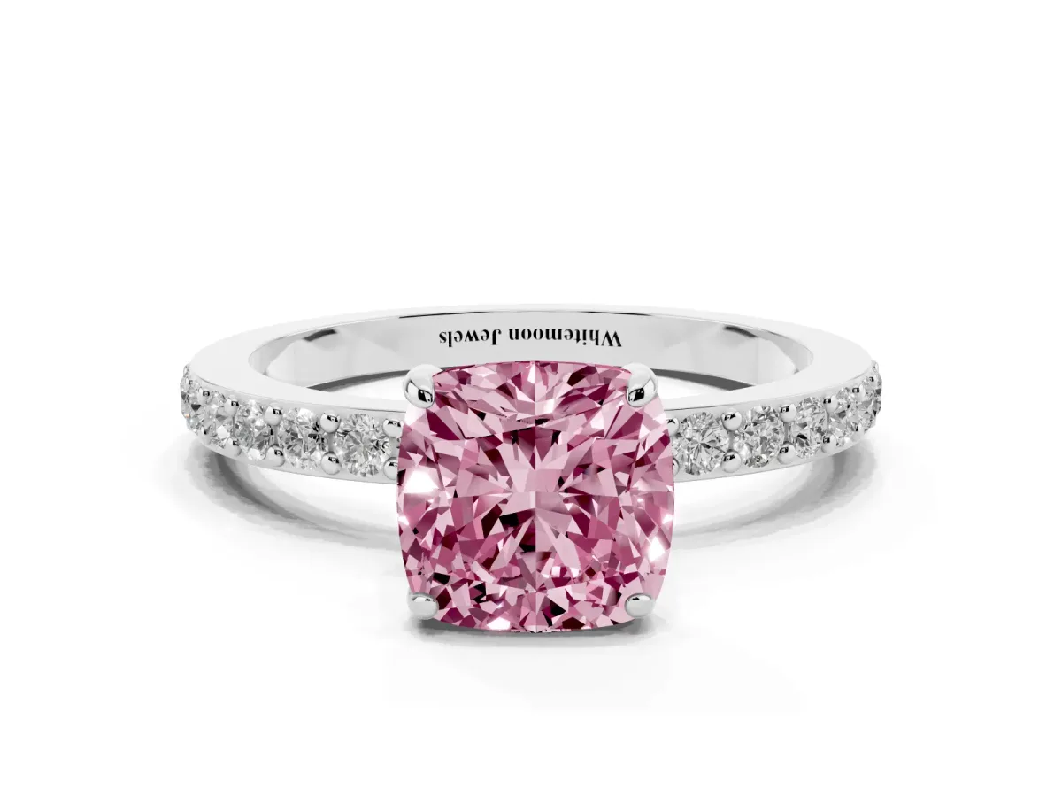 Fancy Pink Cushion Cut Diamond Pavé Engagement Ring with Round Accents and Prong Setting Silver