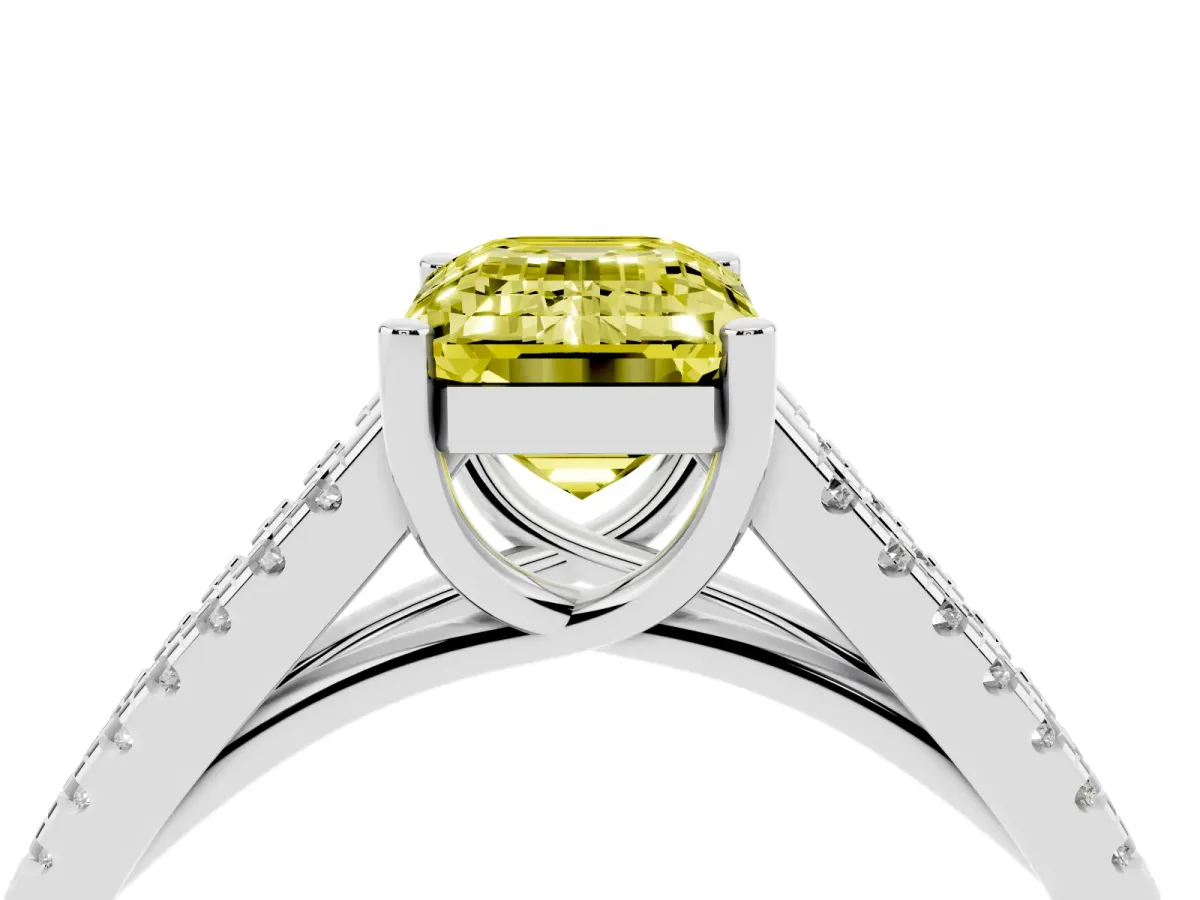 Fancy Yellow Emerald Cut Diamond Solitaire Engagement Ring with Split Shank Pavé Band Platinum