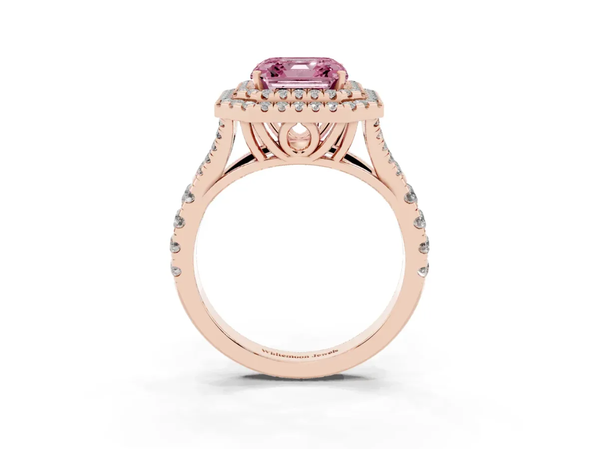 Fancy Pink Asscher Cut Diamond Pavé Split Shank Double Halo Engagement Ring Rose gold