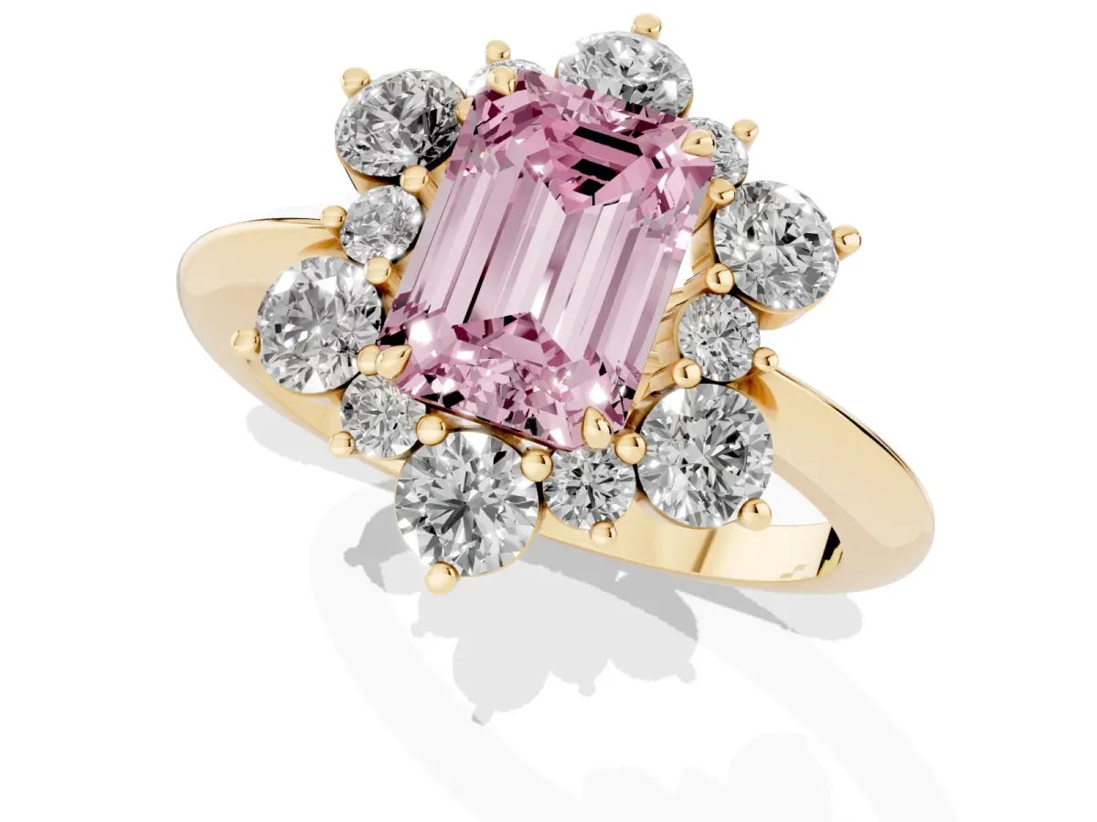 Fancy Pink Emerald Cut Diamond Cluster Halo Ring with Solitaire Band and Four-Prong Setting Yellow gold