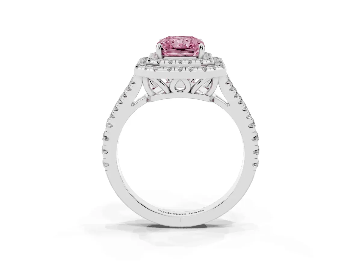 Fancy Pink Radiant Cut Diamond Double Halo Ring with Pavé Band and Prong Setting Silver