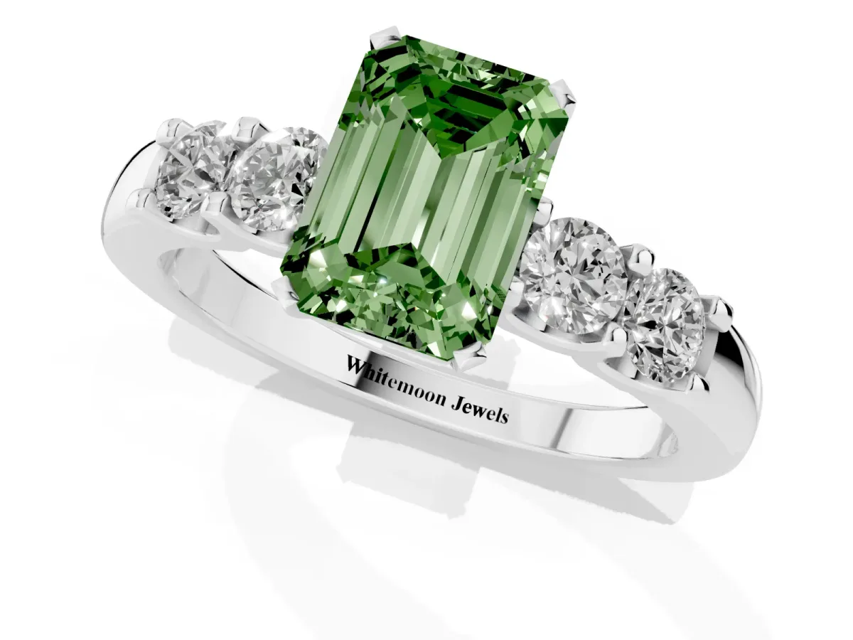 Fancy Green Emerald Cut Brilliant Cut Diamond Five-Stone Prong Set Engagement Ring with Channel Band Silver