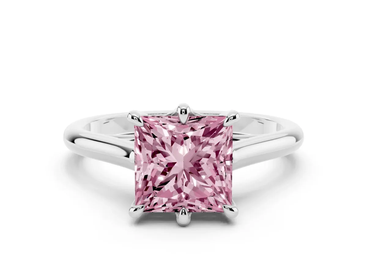 Fancy Pink Princess Cut Solitaire Engagement Ring with Six-Prong Setting and Classic Band Platinum