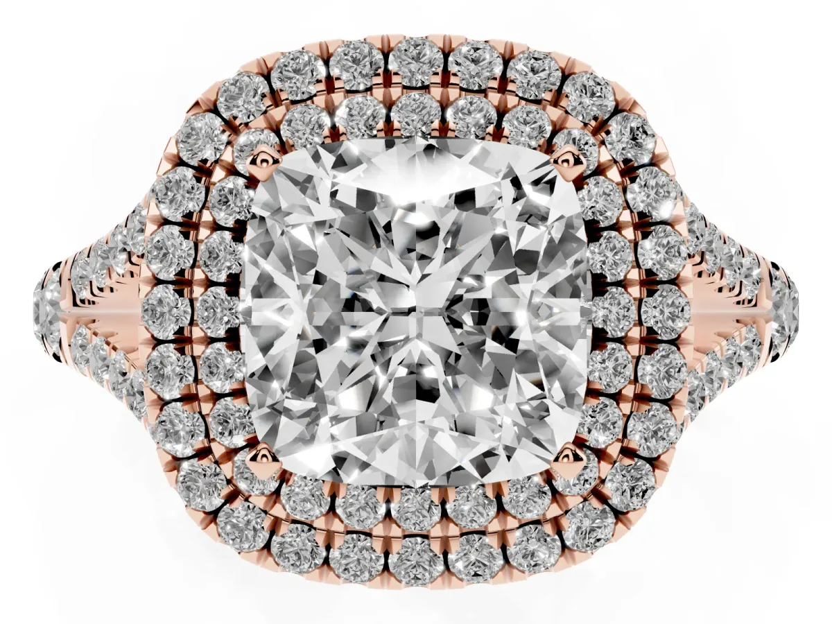 Cushion Cut Diamond Pavé Split Shank Double Halo Engagement Ring Rose gold
