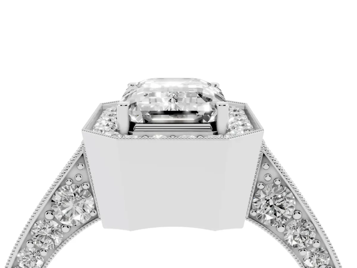 Emerald Cut Halo Diamond Engagement Ring with Split Shank Band and Four-Prong Setting Platinum