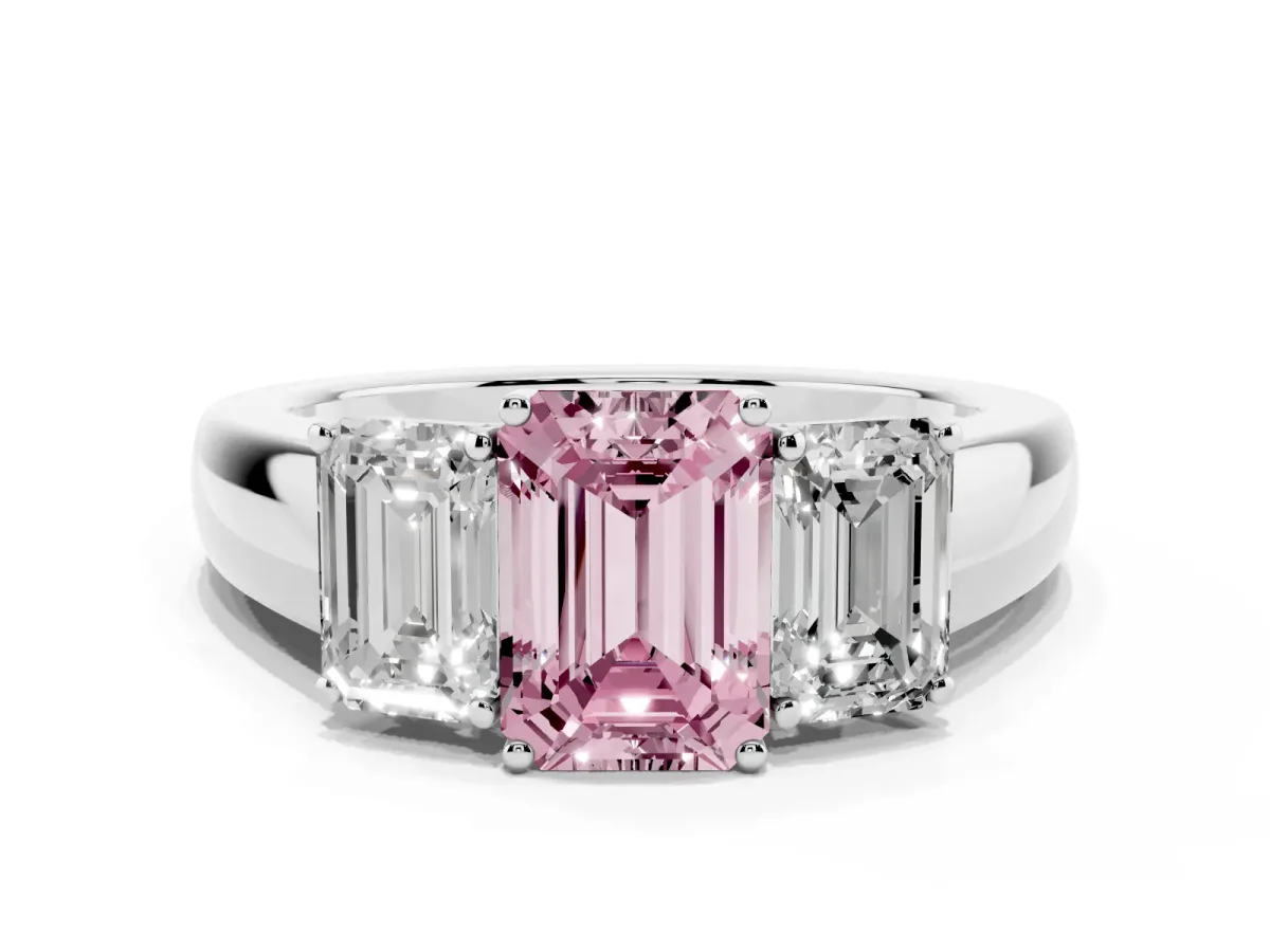 Fancy Pink Three-Stone Emerald Cut Cut Diamond Ring with Prong Setting and Classic Band Platinum