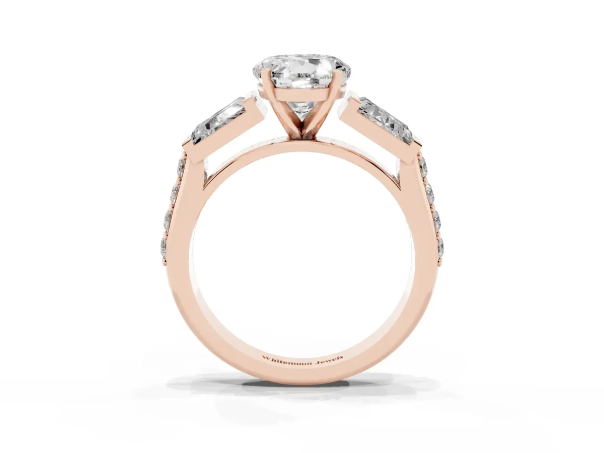 Round Cut Diamond Engagement Ring with Baguette Side Stones and Channel Set Band Rose gold