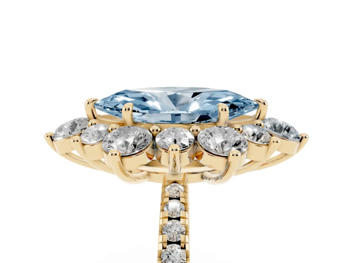 Fancy Blue Marquise Cut Diamond Floral Halo Ring with Round Pavé Band and Prong Setting Yellow gold