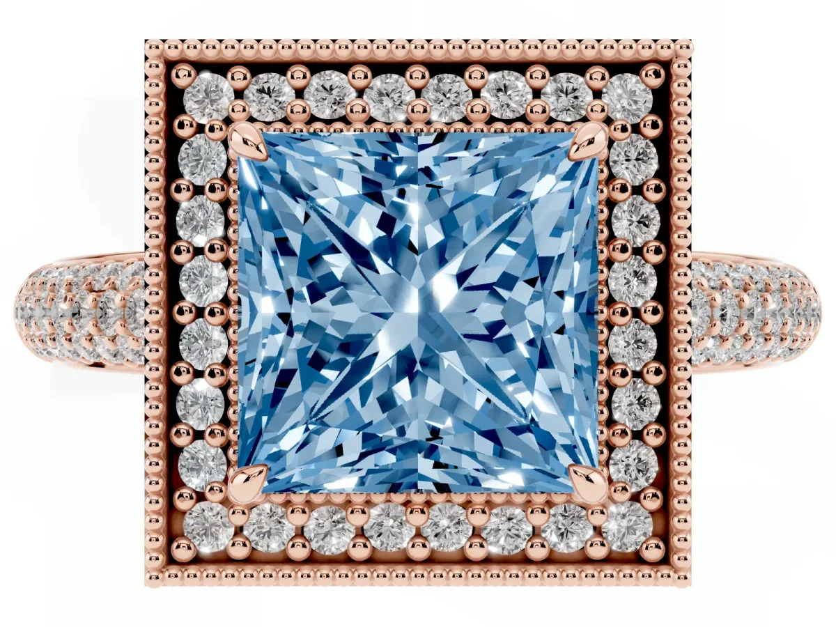 Fancy Blue Princess Cut Cut Halo Diamond Pave Band with Four-Prong Setting Rose gold